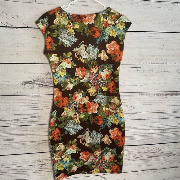 NARINPORN Floral‎ Brown Bodycon Dress Short sleevve Crew Neck Size M Sexy. Mini - Picture 7 of 8